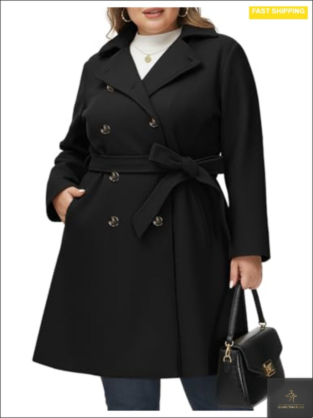 Women Plus Size Double Breasted Wool Blend Peacoat Winter Coat with Belt